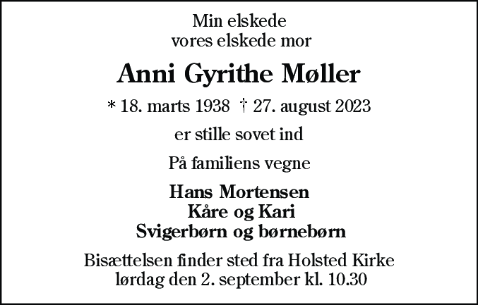 Dødsannonce for Anny Gyrithe Møller