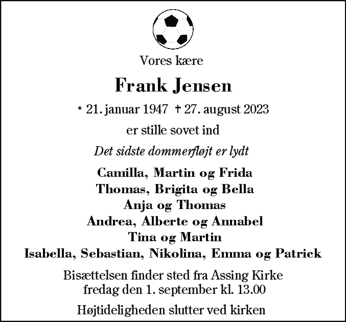 Dødsannonce for Frank Jensen