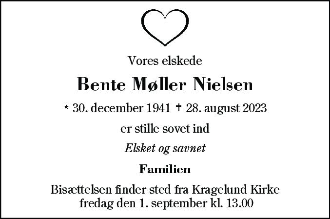 Dødsannonce for Bente Møller Nielsen