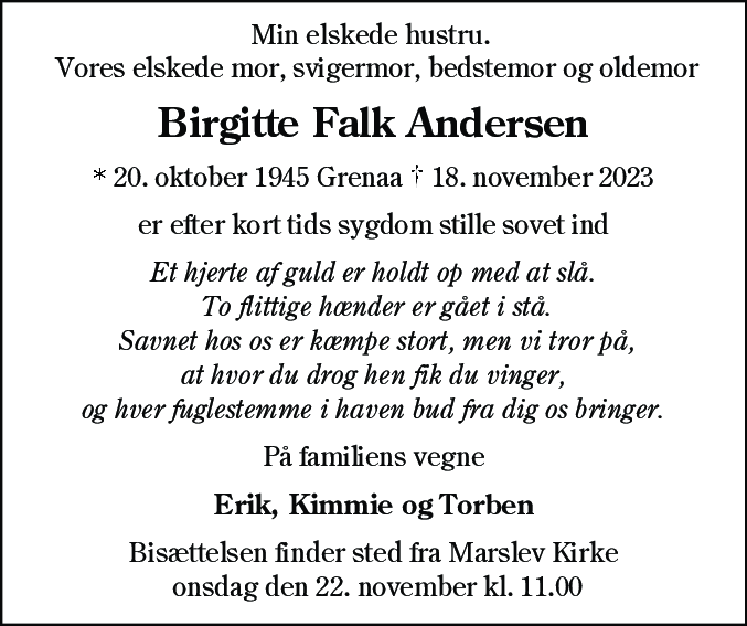 Dødsannonce for Birgitte Falk Andersen