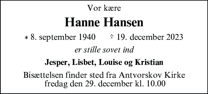 Dødsannonce for Hanne Hansen