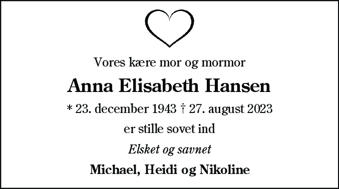 Dødsannonce for Anna Elisabeth Hansen