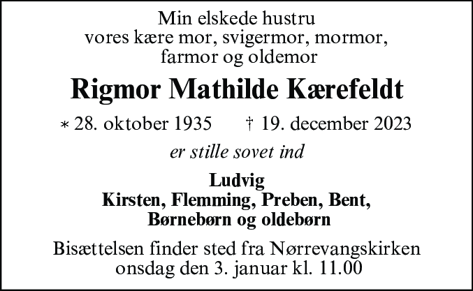 Dødsannonce for Rigmor Mathilde Kærefeldt