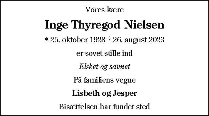 Dødsannonce for Inge Thyregod Nielsen