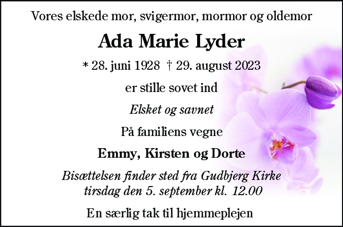 Dødsannonce for Ada Marie Lyder