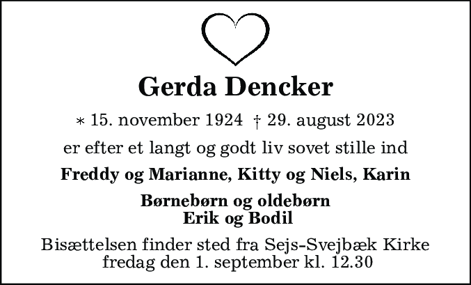 Dødsannonce for Gerda Dencker