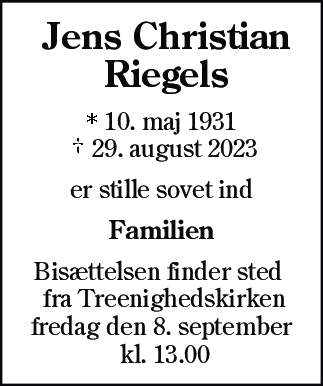 Dødsannonce for Jens Christian Riegels
