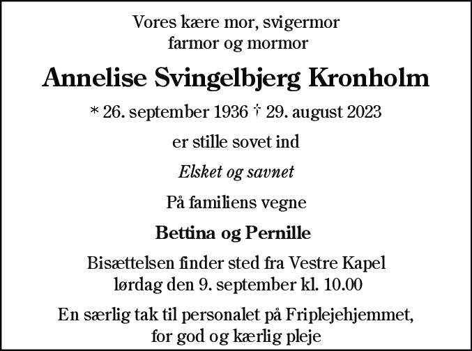 Dødsannonce for Annelise Svingelbjerg Kronholm