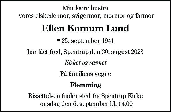 Dødsannonce for Ellen Kornum Lund