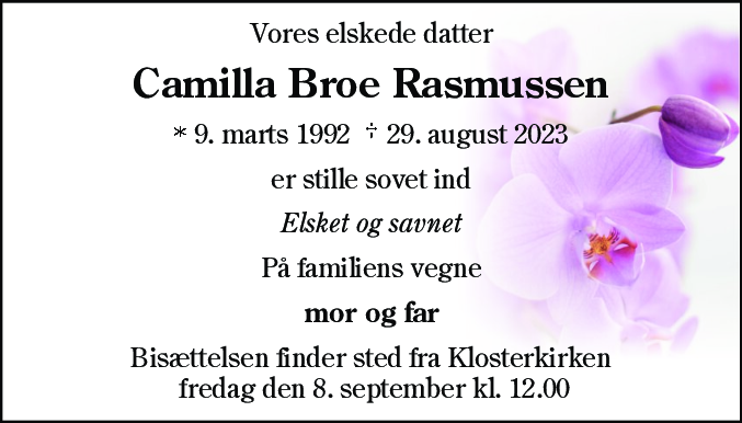 Dødsannonce for Camilla Broe Rasmussen