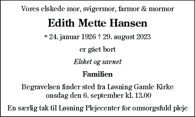 Dødsannonce for Edith Mette Hansen