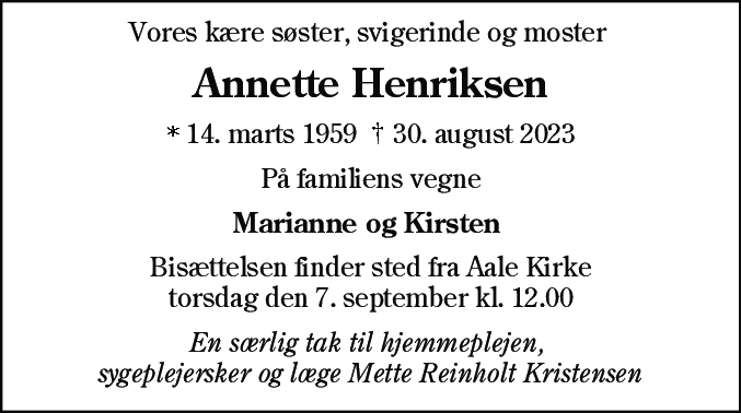 Dødsannonce for Annette Henriksen