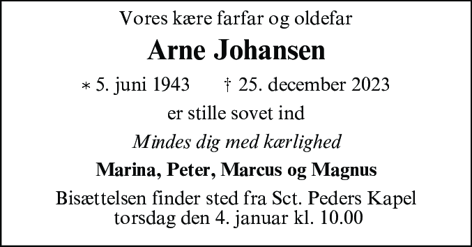 Dødsannonce for Arne Johansen