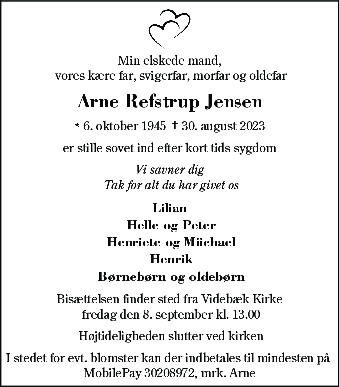 Dødsannonce for Arne Refstrup Jensen