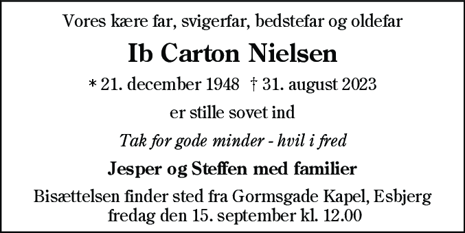 Dødsannonce for Ib Carton Nielsen