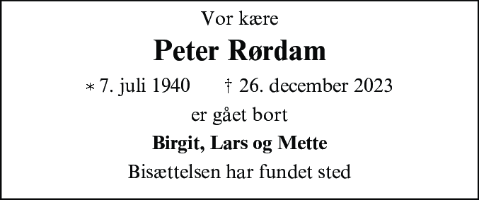 Dødsannonce for Peter Rørdam