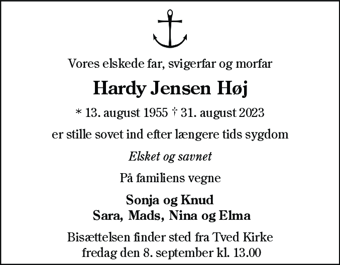Dødsannonce for Hardy Jensen Høj