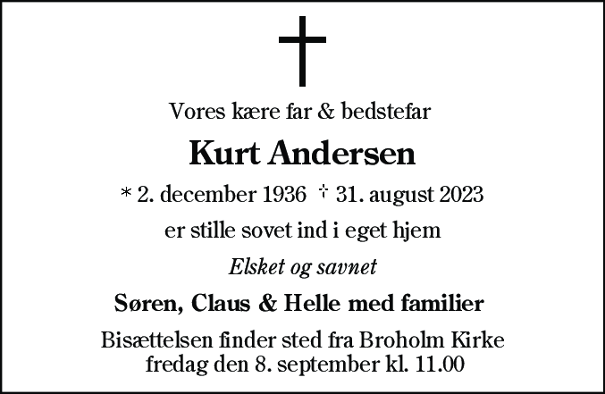 Dødsannonce for Kurt Andersen