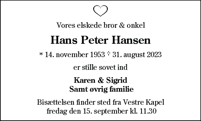 Dødsannonce for Hans Peter Hansen