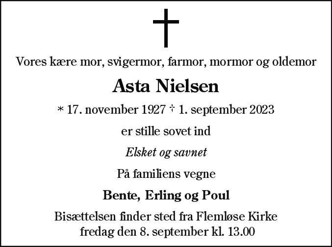 Dødsannonce for Asta Nielsen