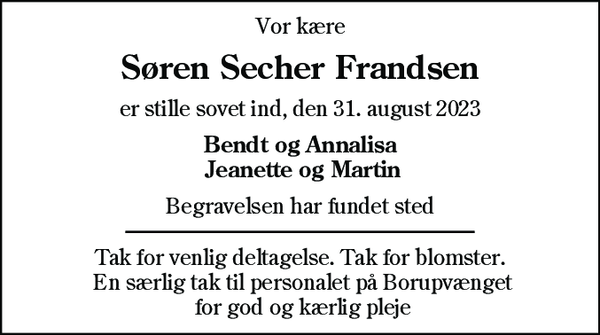 Dødsannonce for Søren Secher Frandsen