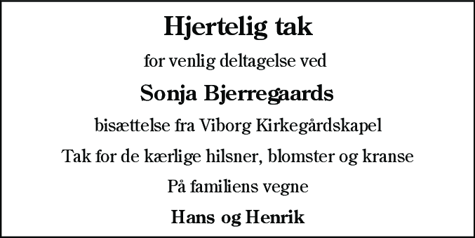 Dødsannonce for Sonja Bjerregaard
