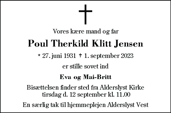 Dødsannonce for Poul Thorkild Klitt Jensen