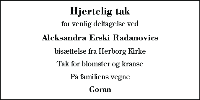 Dødsannonce for Aleksandra Erski Radanovic