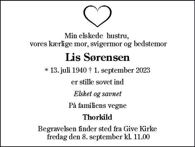Dødsannonce for Lis Sørensen