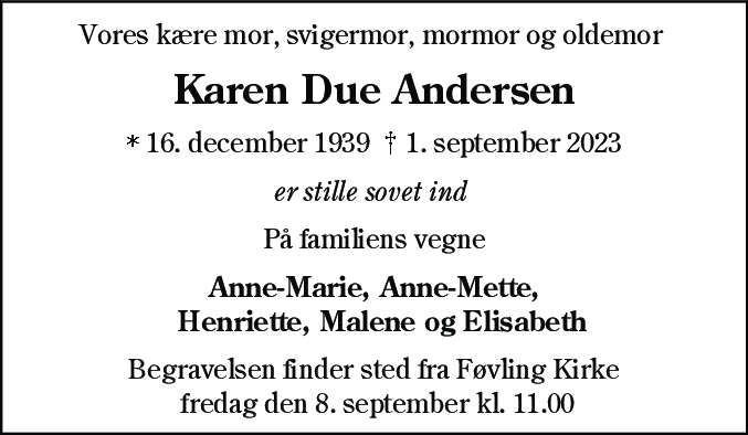 Dødsannonce for Karen Andersen