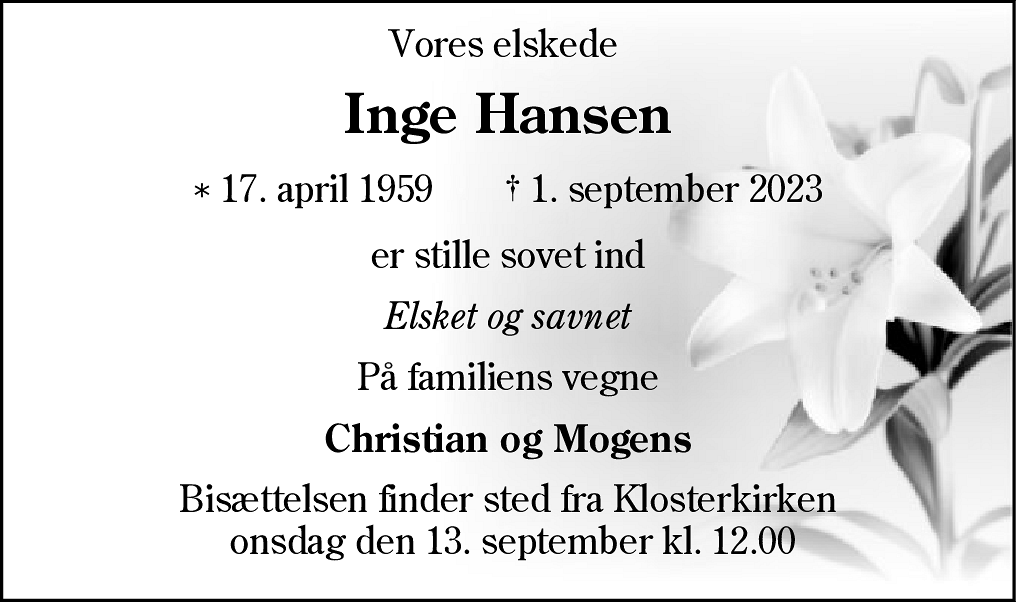 Dødsannonce for Inge Hansen