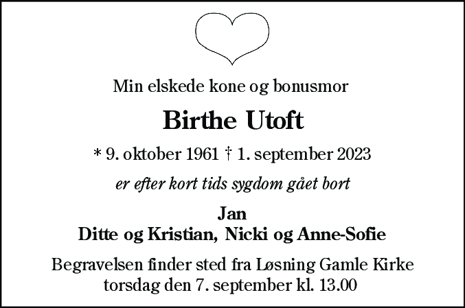 Dødsannonce for Birthe Utoft