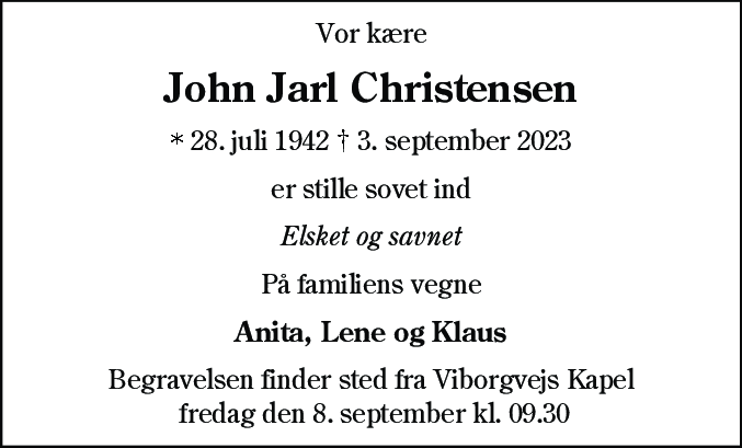 Dødsannonce for John Jarl Christensen