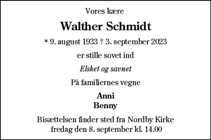Dødsannonce for Walther Heinrich Petersen Schmidt