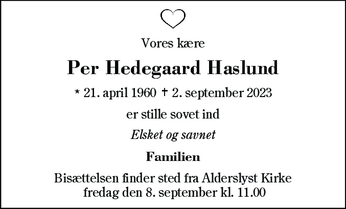 Dødsannonce for Per Hedegaard Haslund