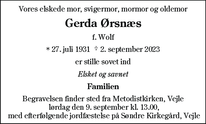 Dødsannonce for Gerda Ørsnæs