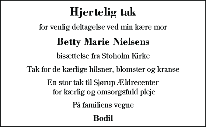 Dødsannonce for Betty Marie Nielsen