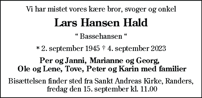 Dødsannonce for Lars Hansen Hald