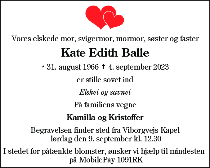 Dødsannonce for Kate Edith Balle