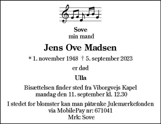 Dødsannonce for Jens Ove Madsen