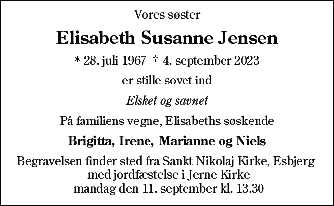 Dødsannonce for Elisabeth Susanne Jensen