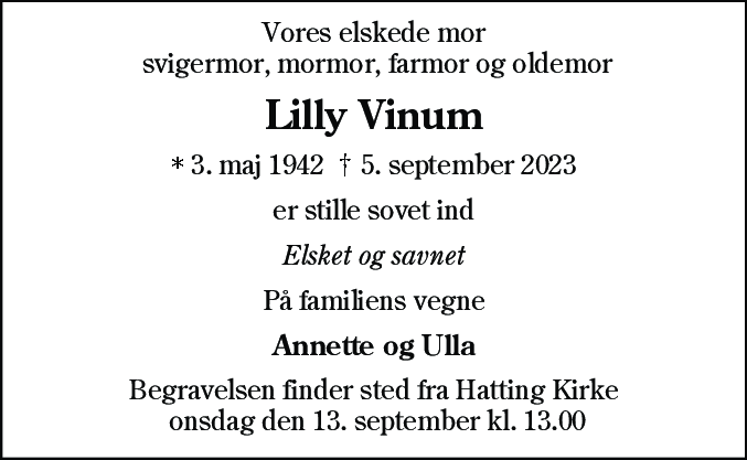 Dødsannonce for Lilly Vinum