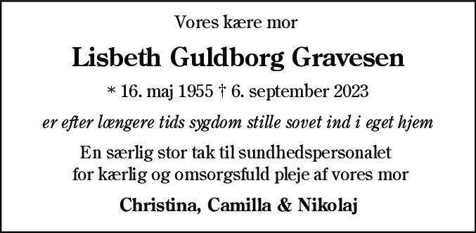 Dødsannonce for Lisbeth Guldborg Gravesen