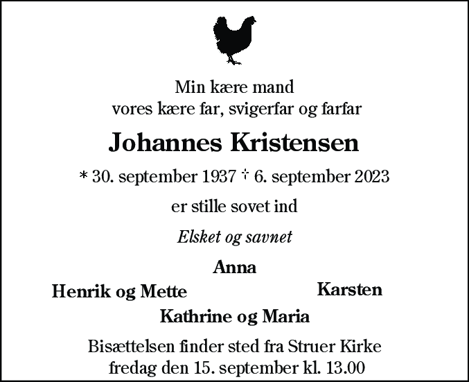 Dødsannonce for Johannes Kristensen