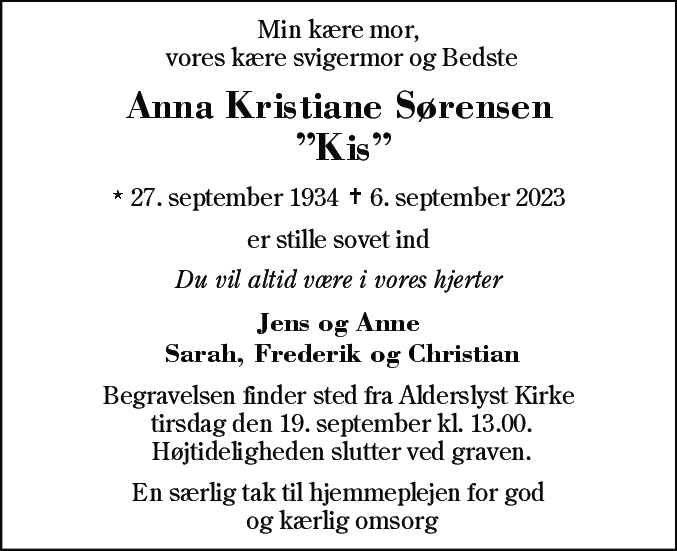 Dødsannonce for Anna Kristiane Sørensen