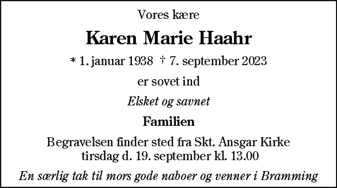 Dødsannonce for Karen Marie Haahr