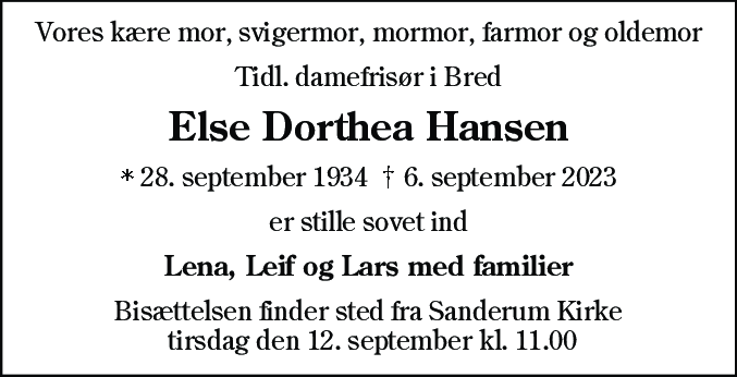 Dødsannonce for Else Dorthea Hansen