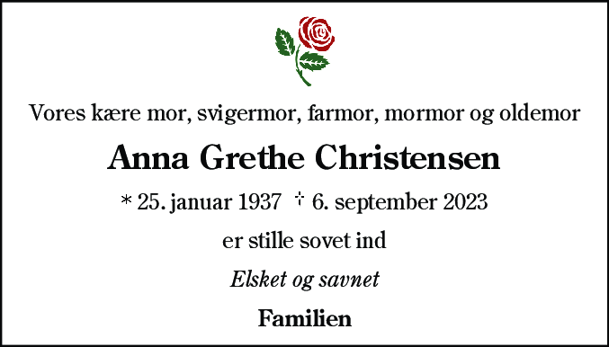 Dødsannonce for Anna Grethe Steffensen Christensen