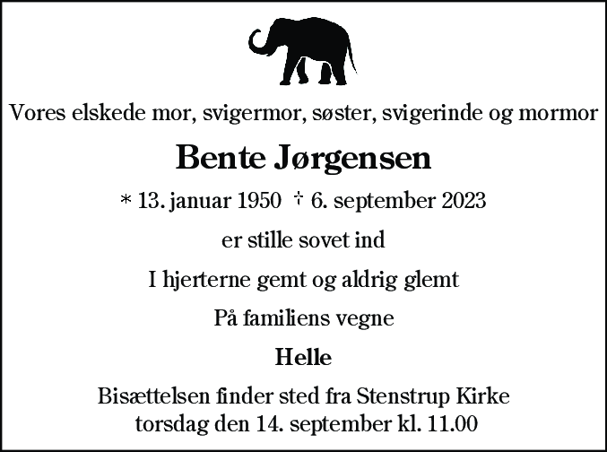 Dødsannonce for Bente Jørgensen