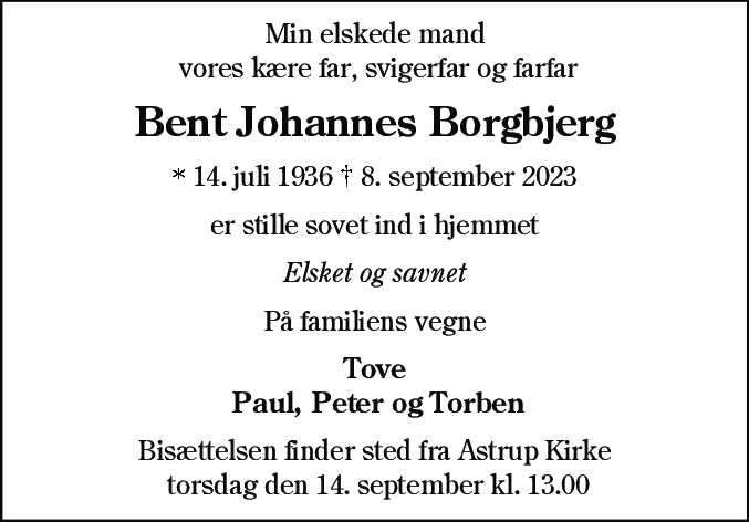 Dødsannonce for Bent Johannes Borgbjerg